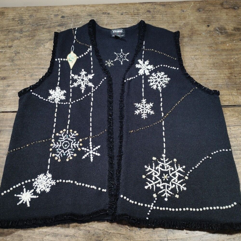 Vintage Designers Original 1X Christmas Sweater Vest Open Front Snowflake